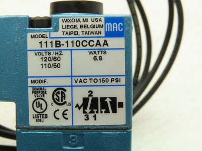 MAC 111B-110CCAA Pneumatic Air Solenoid Valve 120V 150 PSI 5/8" NPT 3 Way