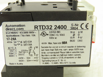 Automation Direct RTD32 2400 Thermal Overload Relay  0-24A 600VAC Lot of 2