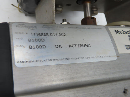 Flowserve B100D 3" Butterfly Wafer Valve Teflon Pneumatic Actuator w/Positioner