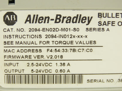 Allen Bradley 2094-EN02D-M01-S0 Control Module Kinetix 6500 Safe Off Ser A 24VDC