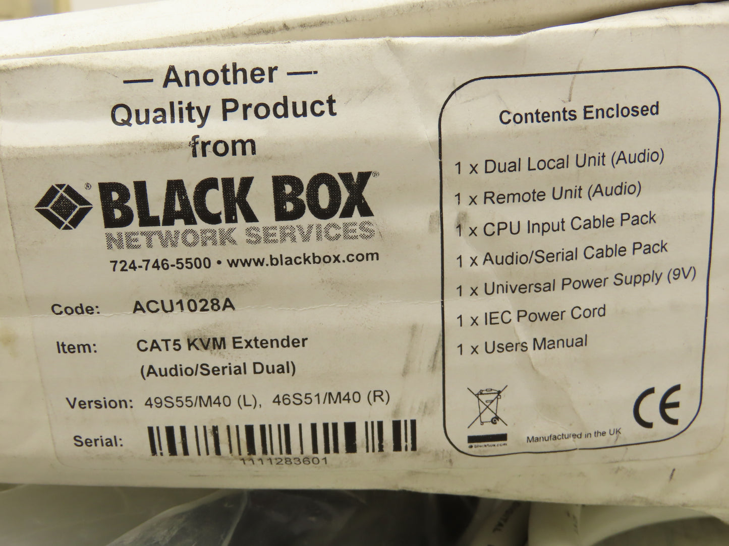 Black Box ACU1028A CAT5 KVM Extender ServSwitch Local Box Only And Cords