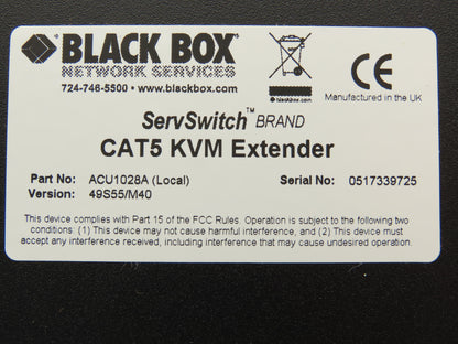 Black Box ACU1028A CAT5 KVM Extender ServSwitch Local Box Only And Cords