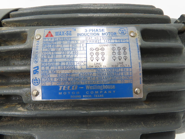 Teco-Westinghouse AEEANE AC Motor 2Hp 1725rpm 230/460v 3ph 145TC TEFC