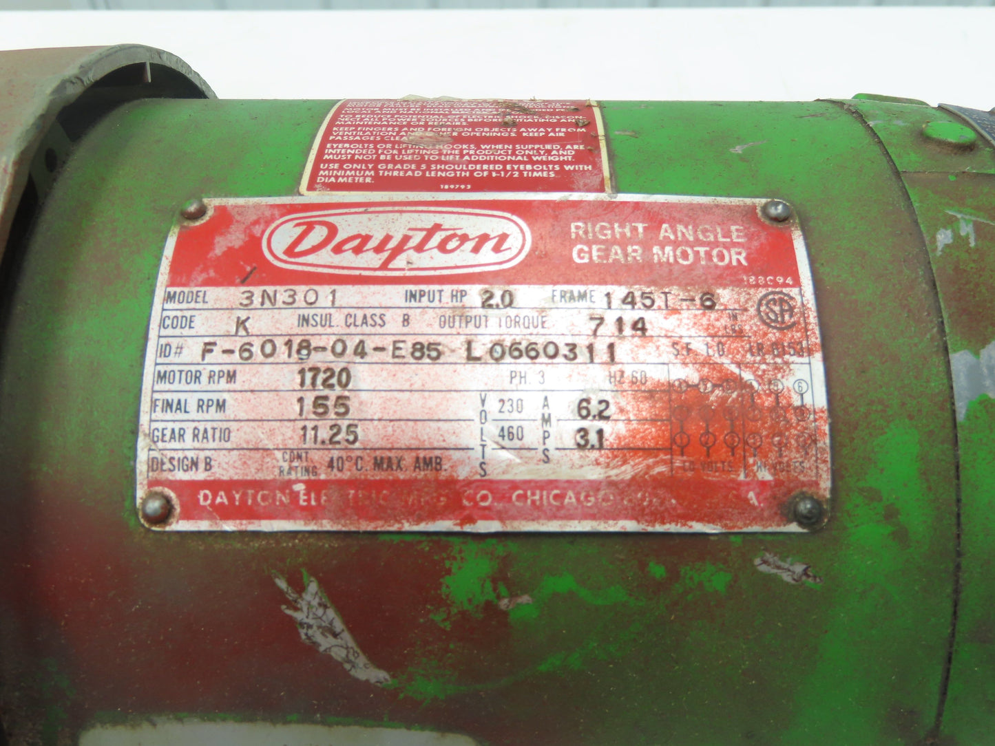Dayton 3N301 Gearmotor 11.25:1 Reducer 155rpm LH