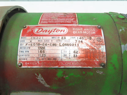 Dayton 3N301 Gearmotor 11.25:1 Reducer 155rpm LH
