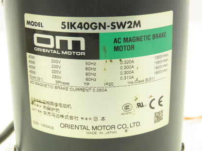 Oriental Motor 51K40GN-SW2M AC Motor 40W 1600rpm 230V 1Ph 4