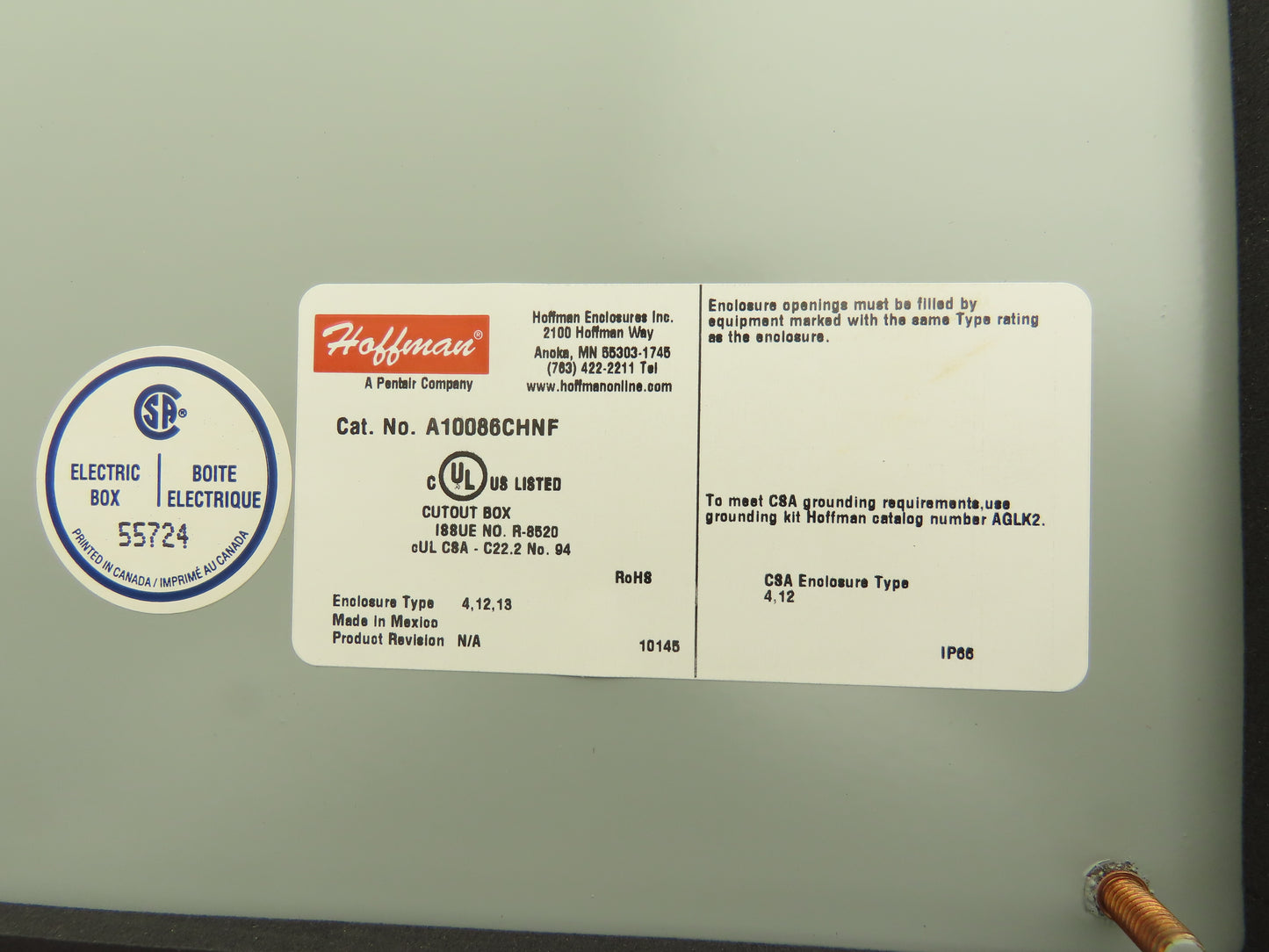 Hoffman A10086CHNF Steel Electrical Enclosure Junction Box 10x8x6" Backplate