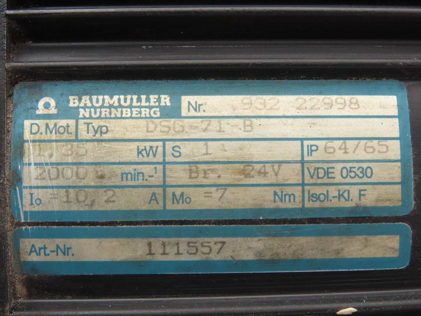 Baumuller DSG 71-B Servo Motor 1.35kW 2000 RPM 24V Brake
