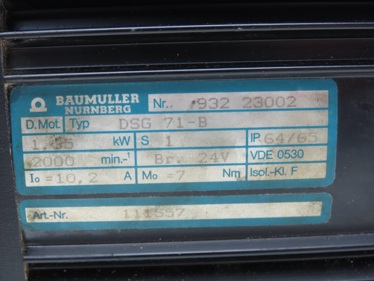 Baumuller DSG 71-B Servo Motor 1.35kW 2000 RPM 24V Brake