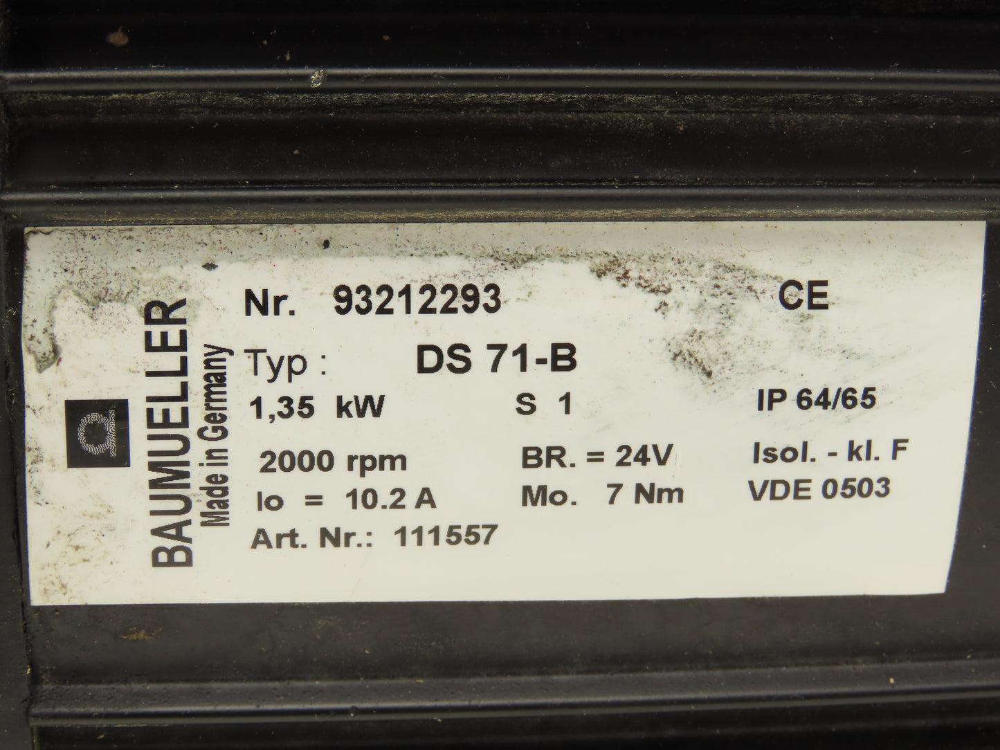 Baumuller DS 71-B Servo Motor 1.35kW 2000 RPM 24V Brake