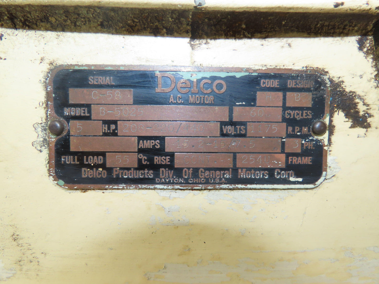 GM Delco B-5025 AC Motor 5Hp 1200 RPM 208-230/460V 3PH 254U Frame