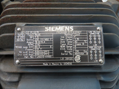 Siemens 1LA0213-4YK60 AC Motor PE-21 Plus 7.5Hp 1750rpm 230/460v 3ph  213T TEFC