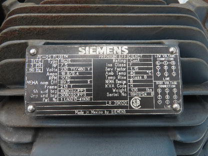 Siemens 1LA0213-4YK60 AC Motor PE-21 Plus 7.5Hp 1750rpm 230/460v 3ph  213T TEFC