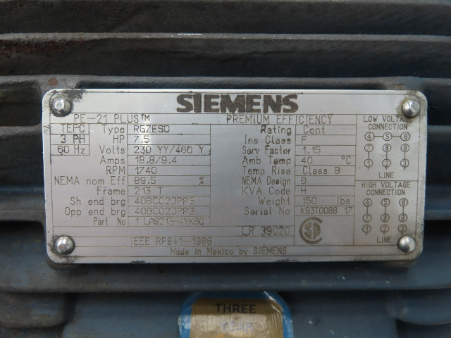 Siemens 1LA9213-4YK60 AC Motor PE-21 Plus 7.5Hp 1750rpm 230/460v 3ph  213T TEFC