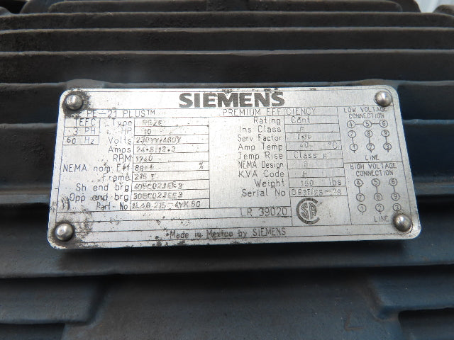 Siemens 1LA0215-4YK60 AC Motor PE-21 Plus 10Hp 1750rpm 230/460v 3ph 215T TEFC