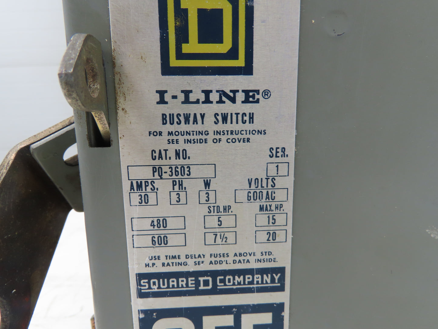 Square D PQ-3603 I-Line Busway Unit 30A 480V 15HP 3 Pole 3Ph Fused