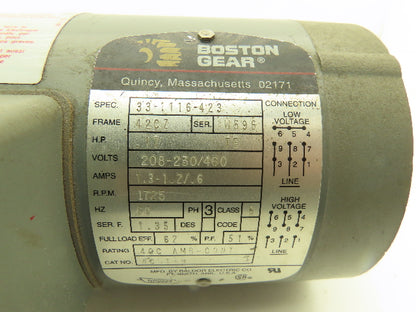 Boston Gear ACUT-B AC Motor.17Hp 1750 RPM 230/460V 3PH 42CZ C-Face Frame