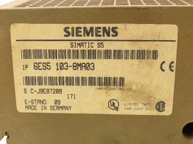 Siemens 6ES5 103-8MA03 PLC Processor CPU 24VDC In Memory Submodule 32k Rev 10
