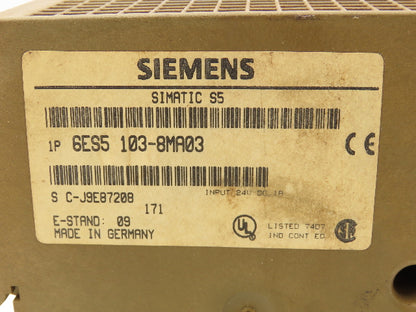 Siemens 6ES5 103-8MA03 PLC Processor CPU 24VDC In Memory Submodule 32k Rev 10