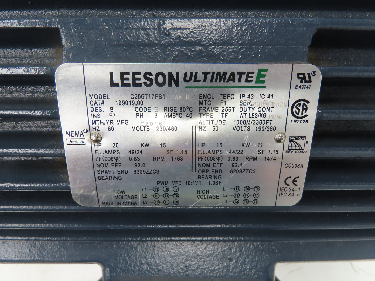 Leeson C256T17FB1 Ultimate-E AC Motor 20Hp 1750 RPM 230/460V 3PH 256T 199019.00