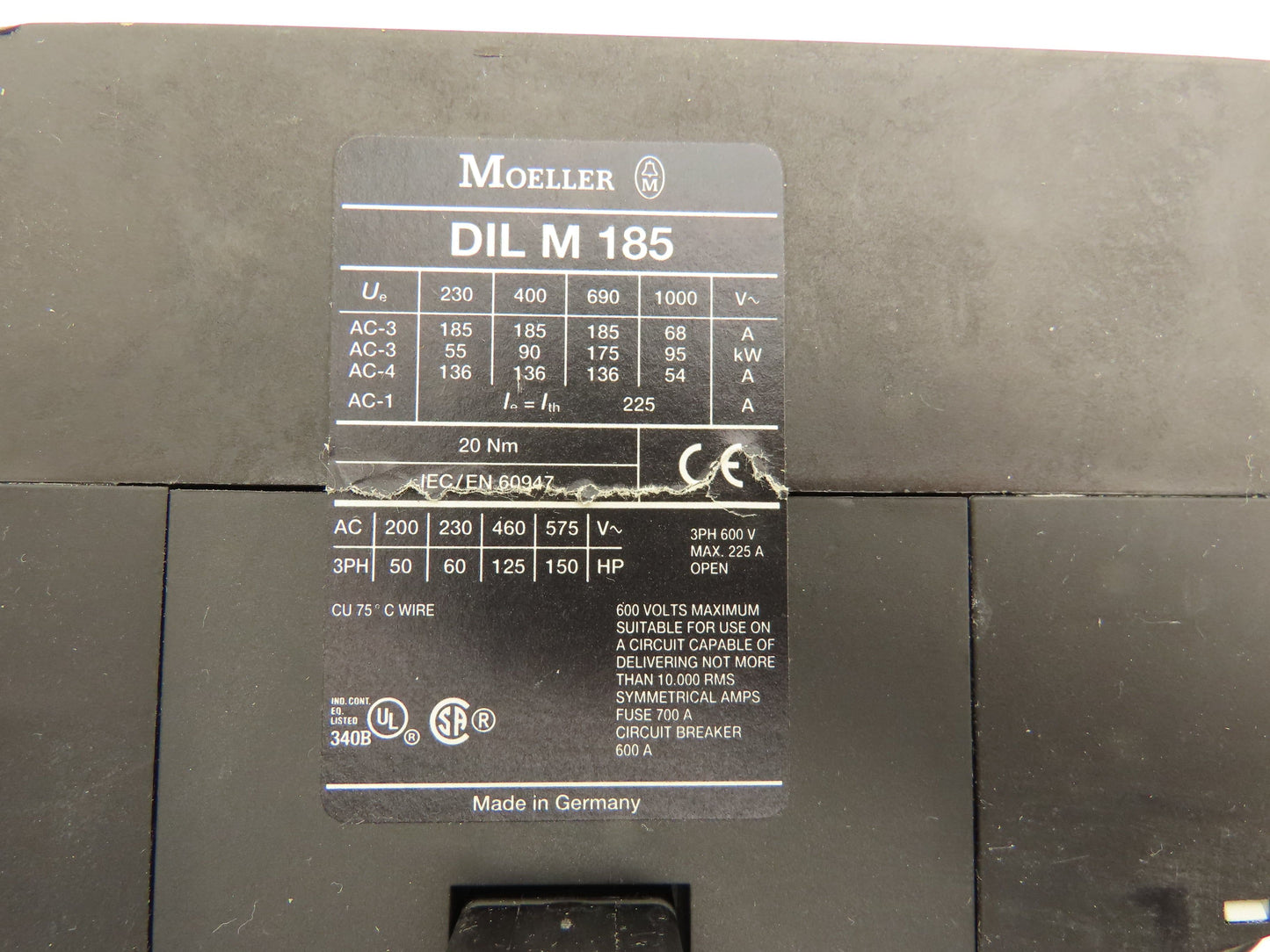 Moeller Motor Starter Contactor Overload Relay 600V 225A 150Hp