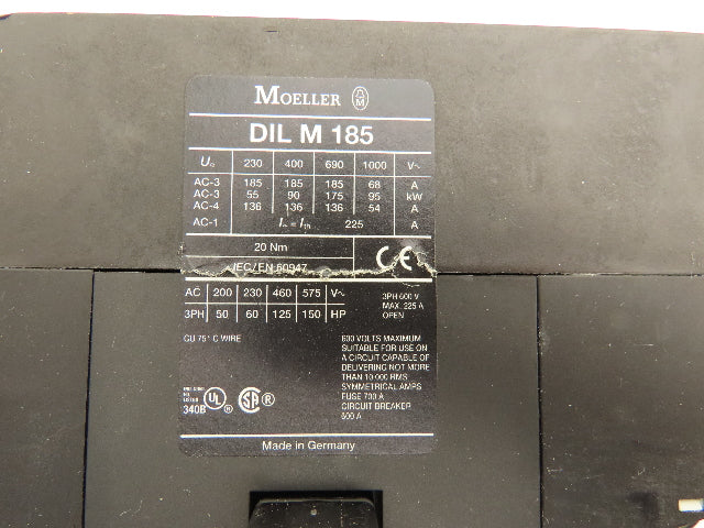 Moeller Motor Starter Contactor Overload Relay 600V 225A 150Hp
