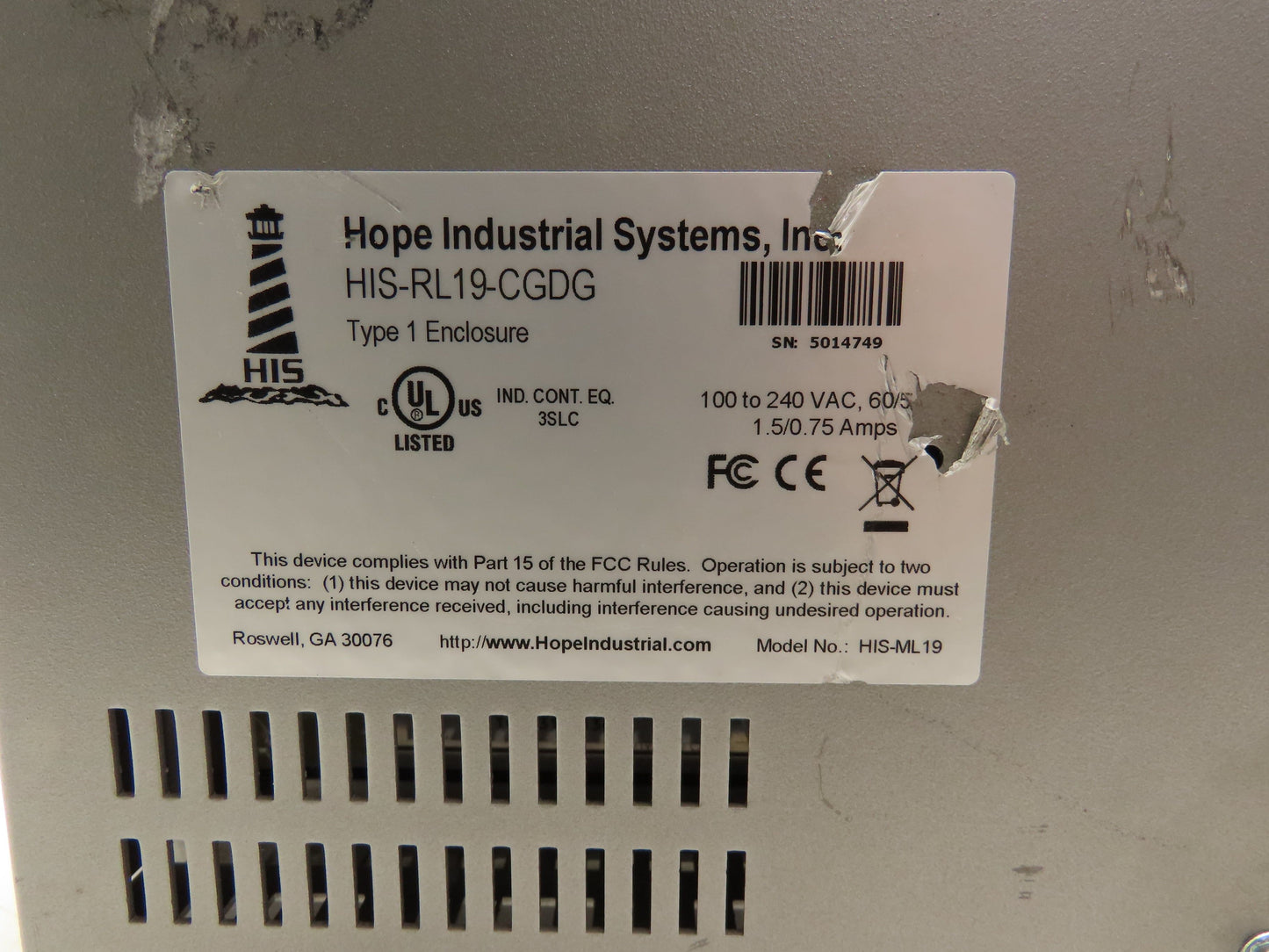 Hope Industrial Systems HIS-RL19-CGDG HMI Touch Screen Control Panel 100-240VAC