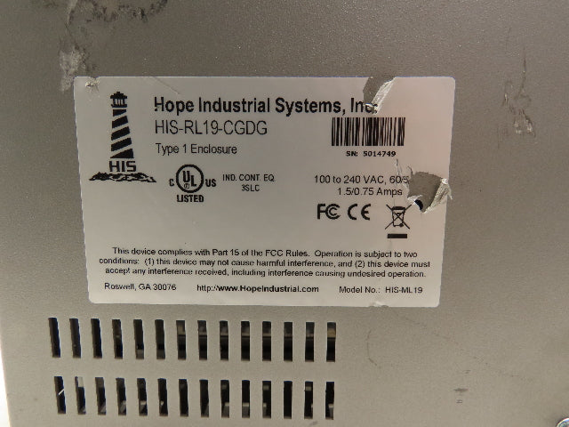Hope Industrial Systems HIS-RL19-CGDG HMI Touch Screen Control Panel 100-240VAC