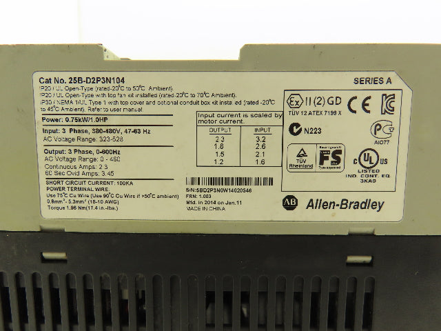Allen Bradley 25B-D2P3N104 PowerFlex 525 VFD AC Drive .75kw 1Hp 480V 3Ph SER A