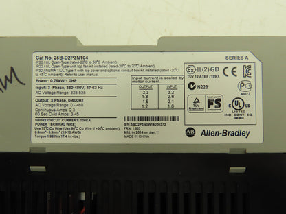 Allen Bradley 25B-D2P3N104 PowerFlex 525 VFD AC Drive 1Hp 480V 3Ph No Cover