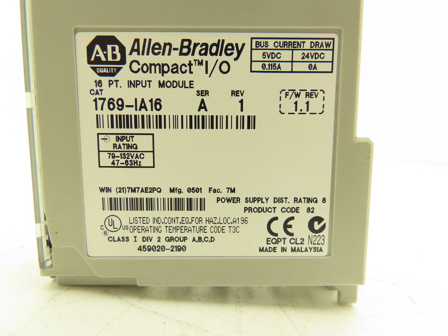 Allen Bradley 1769-IA16 Input Module 115VAC 0.115A Rev 1 Ser A