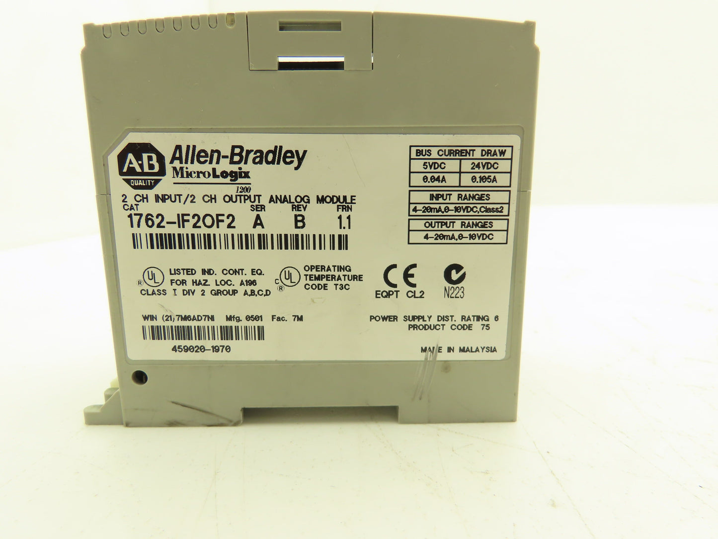 Allen Bradley 1762-IF2OF2 MicroLogix 1200 Analog I/O Module Ser A Rev B FRN 1.1