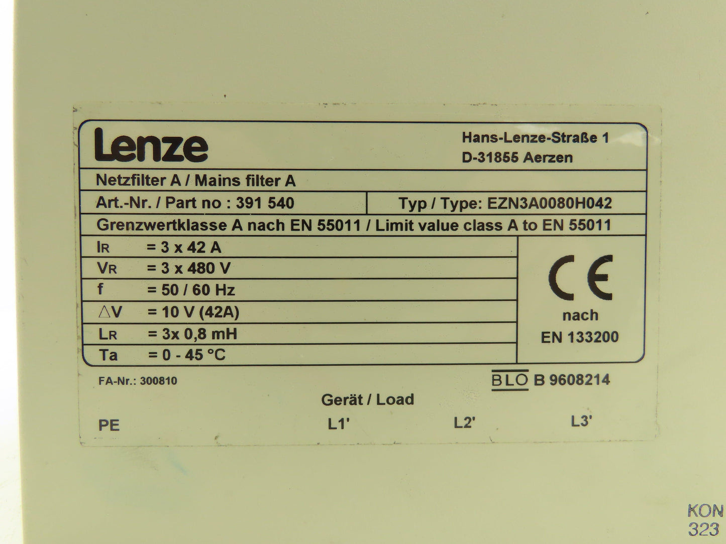 Lenze D-31855/391 540 EZN3A0080H042 NET Filter Main Power Line 480VAC 42A 3Ph