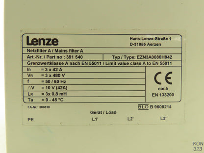 Lenze D-31855/391 540 EZN3A0080H042 NET Filter Main Power Line 480VAC 42A 3Ph