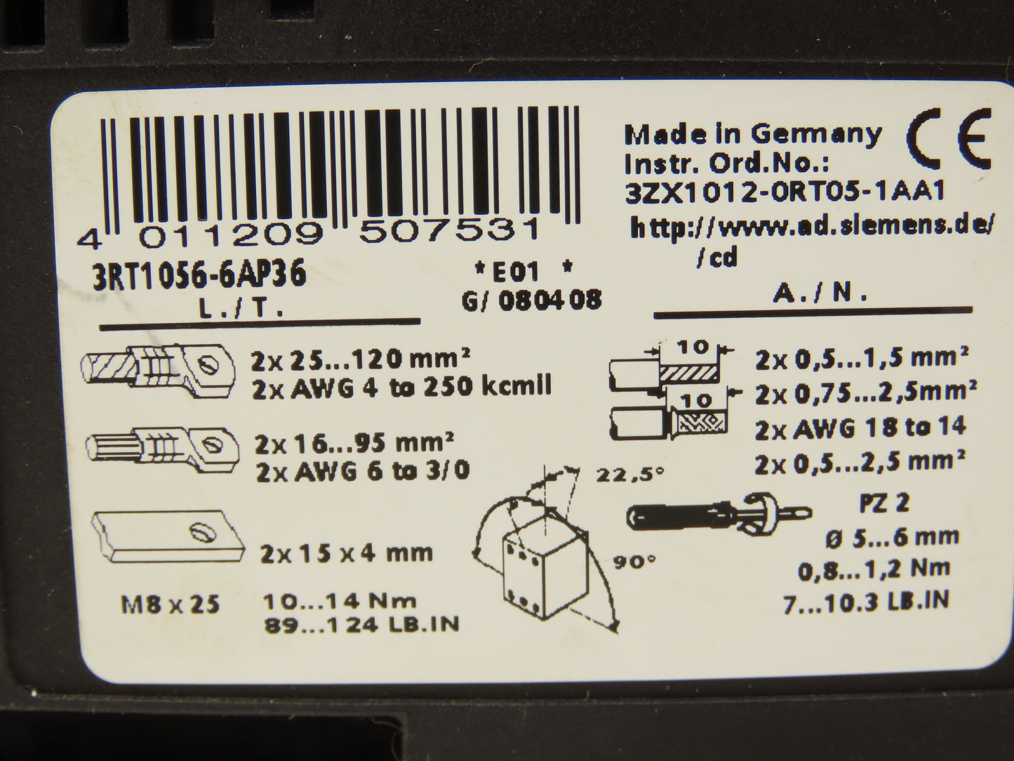 Siemens 3RT1056-6AP36 Motor Starter Contactor 200Hp 575V 195A Coil 240V AC/DC