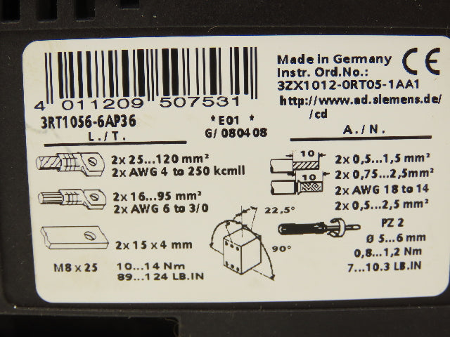 Siemens 3RT1056-6AP36 Motor Starter Contactor 200Hp 575V 195A Coil 240V AC/DC