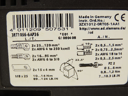 Siemens 3RT1056-6AP36 Motor Starter Contactor 200Hp 575V 195A Coil 240V AC/DC