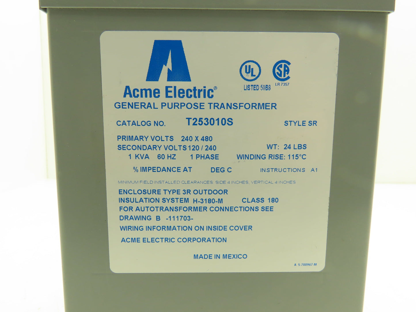 Acme T253010S Stepdown Transformer 1kVA 1PH HV 240/480 LV 120/240V Wall Mount