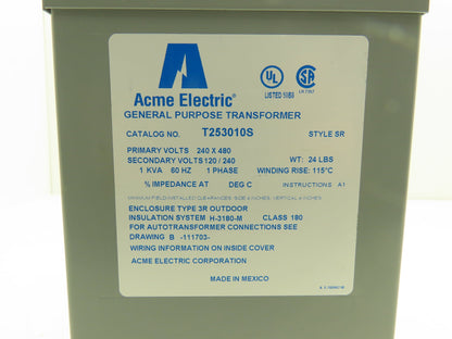 Acme T253010S Stepdown Transformer 1kVA 1PH HV 240/480 LV 120/240V Wall Mount