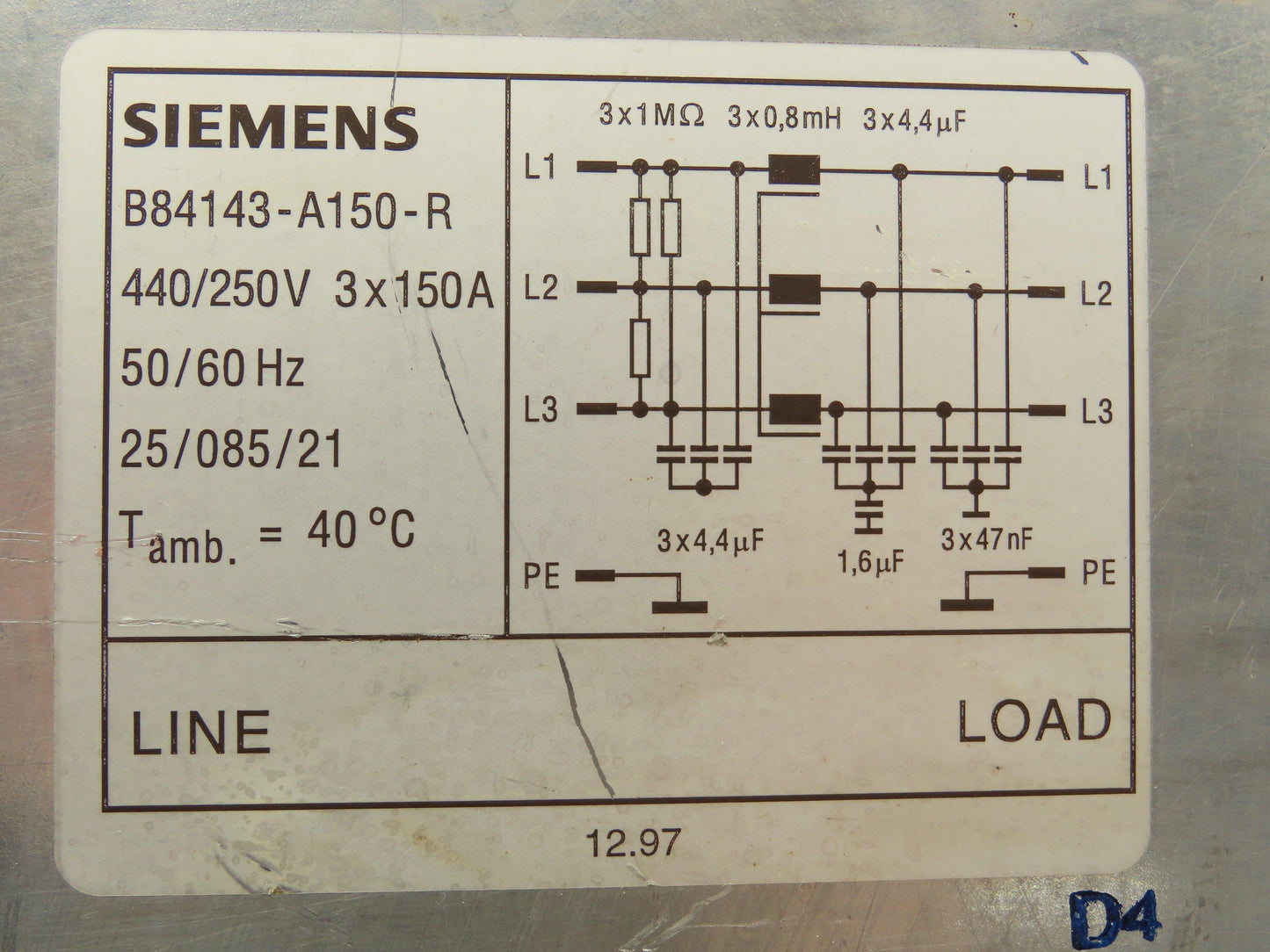Siemens B84143-A150-R Line Filter 3x150A 440/250V 3Ph 6AWG