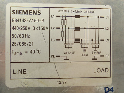 Siemens B84143-A150-R Line Filter 3x150A 440/250V 3Ph 6AWG