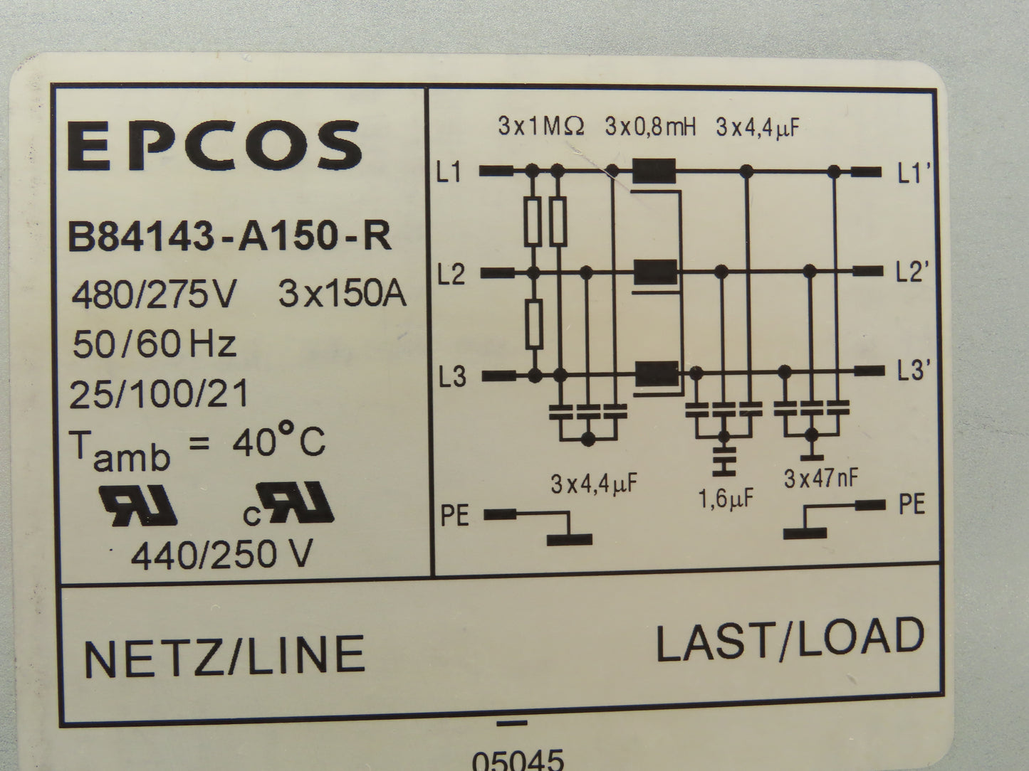 Epcos B84143-A150-R Line Filter 3x150A 440/250V 3Ph 6AWG