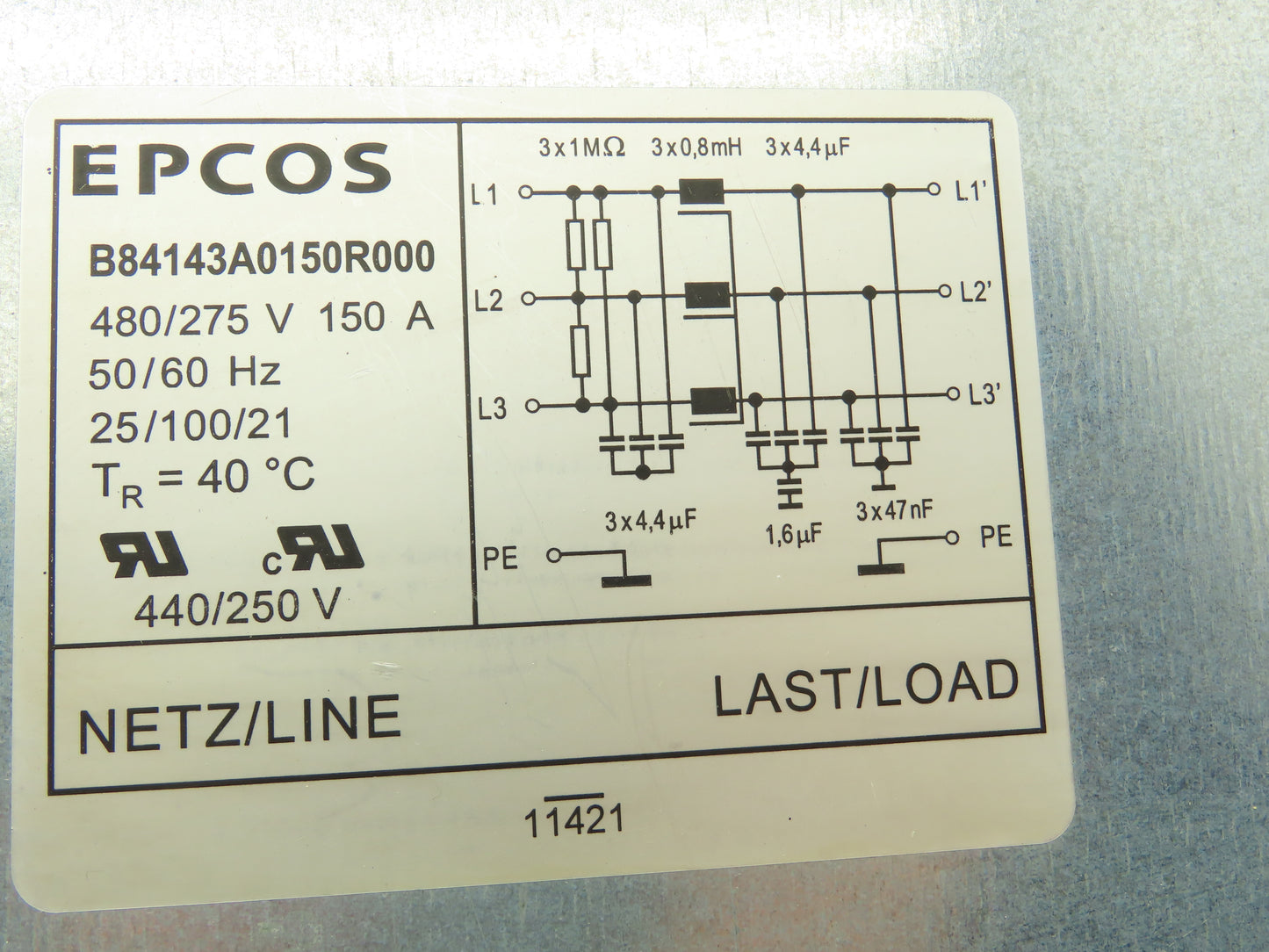 Epcos B84143A0150R000 Line Filter 150A 480/275V 3Ph 6AWG