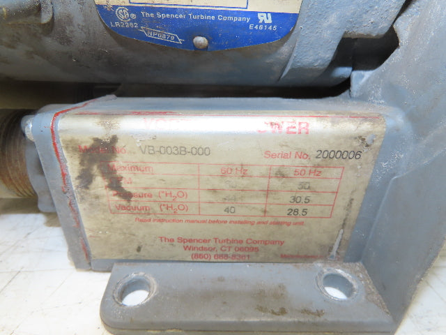 Spencer VB-003B-010 Vortex Regenerative Vacuum Blower 60CFM 1/2HP 230/460VAC 3PH