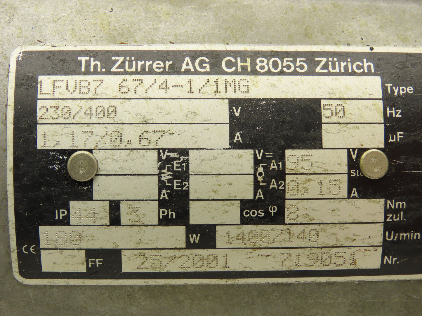 Zurrer LFVB7 67/4-1/1MG Brake Gearmotor 140-175 RPM 180W 230/400V 3PH IEC 63 RH