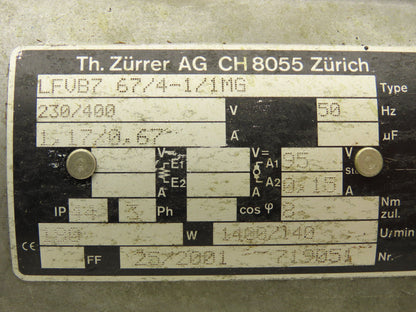 Zurrer LFVB7 67/4-1/1MG Brake Gearmotor 140-175 RPM 180W 230/400V 3PH IEC 63 RH