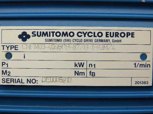 Sumitomo Cyclo CNFM03-4095GB-87/G F63M/4 Gearmotor 20rpm .25kw 220-480V 3PH 87:1