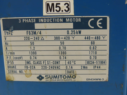 Sumitomo Cyclo CNFM03-4095GB-87/G F63M/4 Gearmotor 20rpm .25kw 220-480V 3PH 87:1