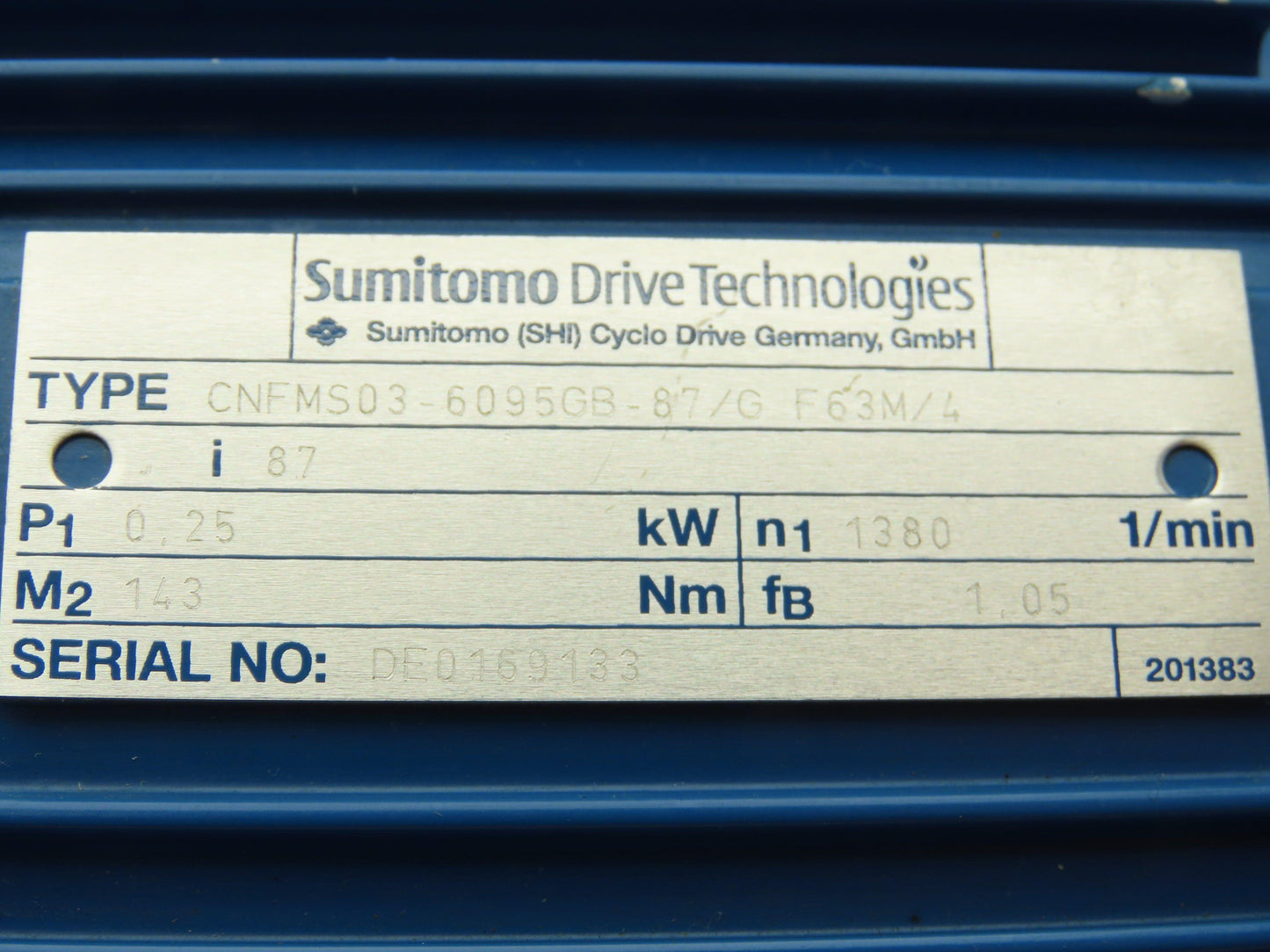 Sumitomo Cyclo CNFMS03-6095GB-87/G F63M/4 Gearmotor 20rpm .25kw 220-480V 87:1