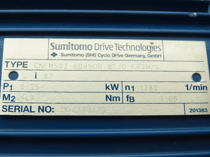 Sumitomo Cyclo CNFMS03-6095GB-87/G F63M/4 Gearmotor 20rpm .25kw 220-480V 87:1